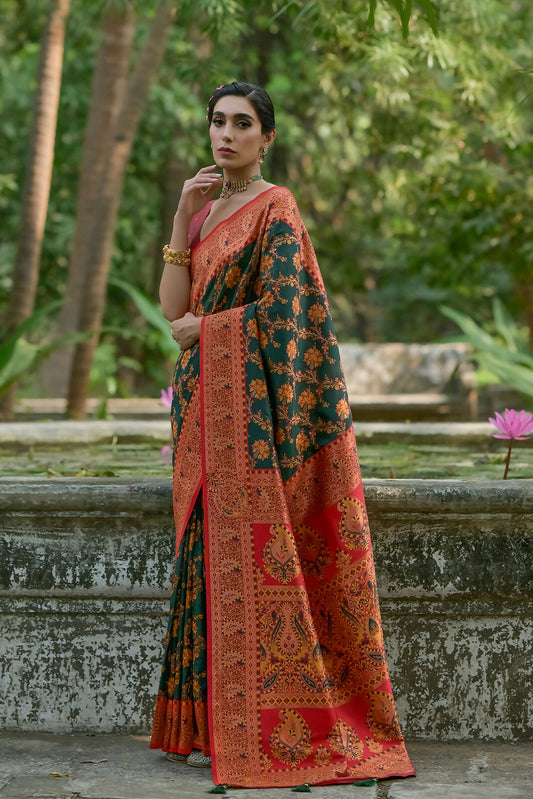 Vishnu Weaves Women's Bt-Green Pashmina Silk Thread Woven Saree with Blouse - Swadesiicart