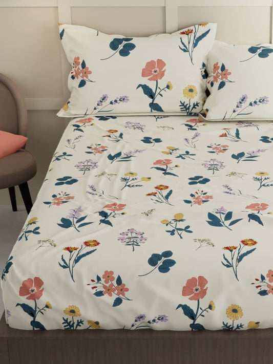BIANCA LA-VOGUE Beige & Green Floral 152 TC Queen Bedsheet With 2 Pillow Covers - Swadesiicart