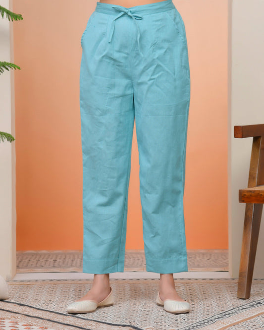 Vaasva Women Turquoise Cotton Flax Solid Straight Pants | Swadesiicart