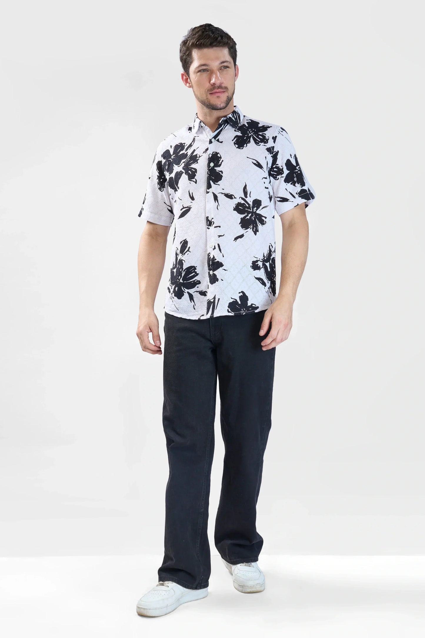 Xkind White Floral Printed Textured Regular Fit Shirt | Swadesiicart