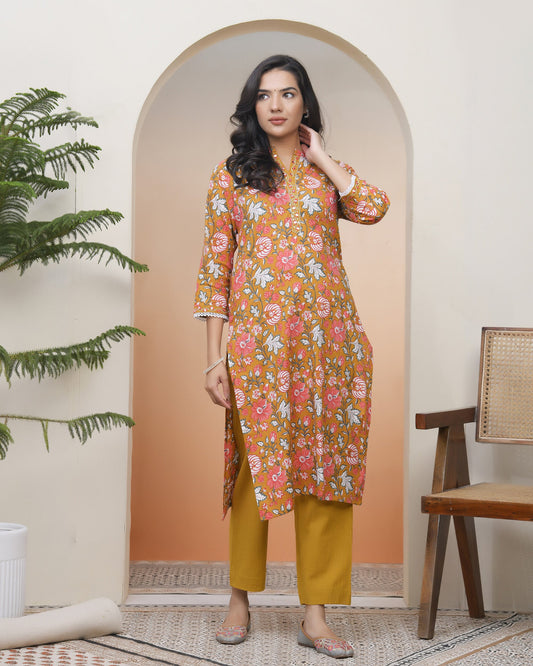 Vaasva Women Mustard Cotton Printed Straight Kurti - Swadesiicart
