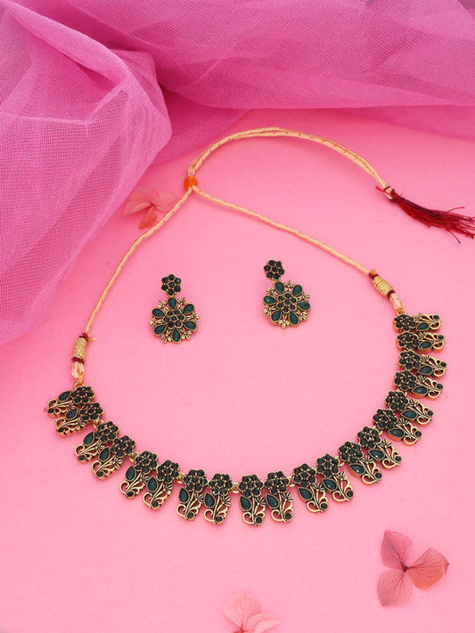 Tehzeeb Creations Luxurious Gold Polished Green Colour Choker Necklace Set With Matching Earrings - Swadesiicart
