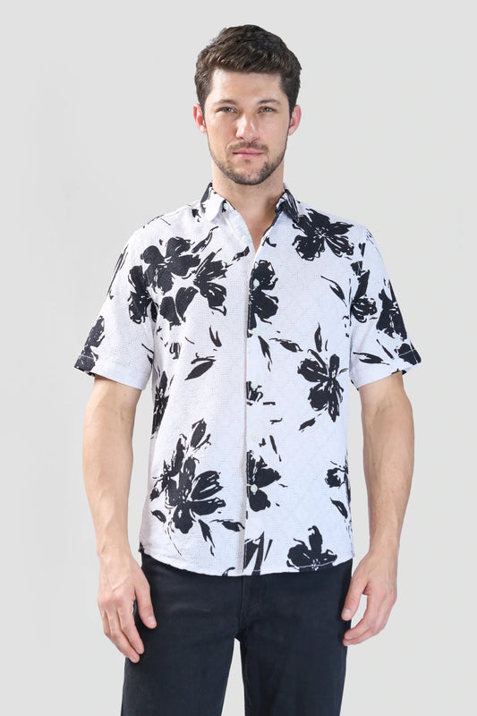 Xkind White Floral Printed Textured Regular Fit Shirt | Swadesiicart