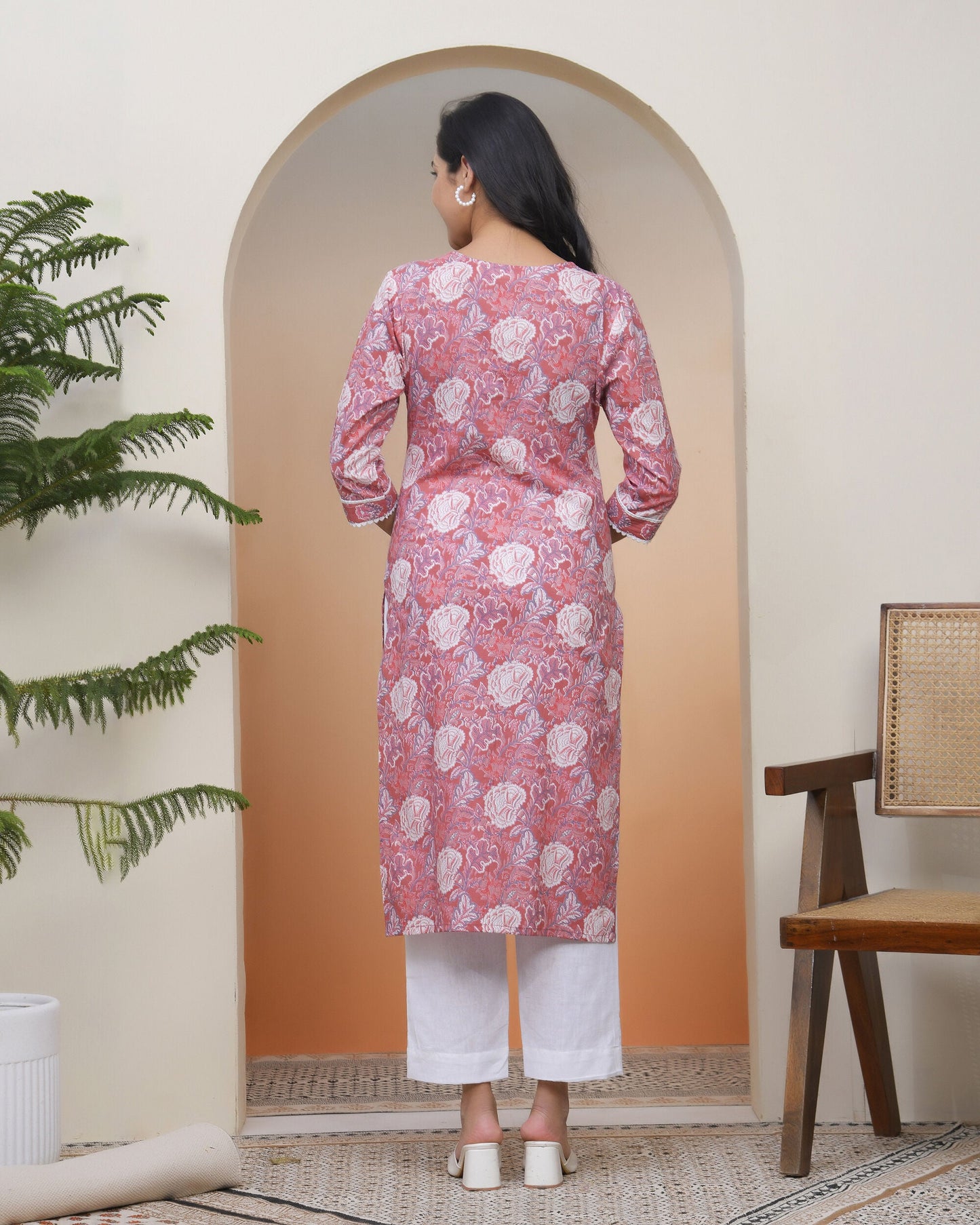 Vaasva Women Nude Pink Cotton Printed Straight Kurti - Swadesiicart
