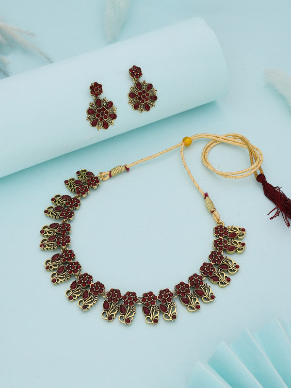 Tehzeeb Creations Luxurious Gold Polished Maroon Colour Choker Necklace Set With Matching Earrings - Swadesiicart