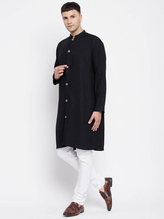 Even Apparels Black Pure Cotton Men's Sherwani Kurta With Open Front | Swadesiicart