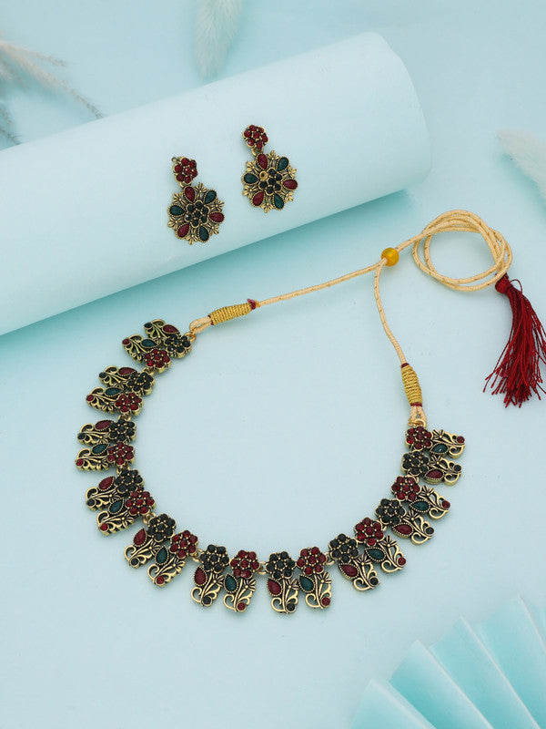 Tehzeeb Creations Luxurious Gold Polished Maroon & Green Colour Choker Necklace Set With Matching Earrings - Swadesiicart