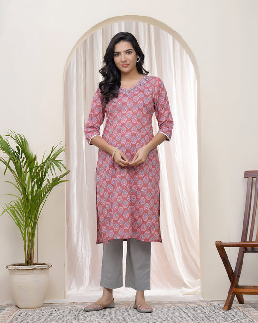 Vaasva Women Pink Cotton Printed Straight Kurti - Swadesiicart
