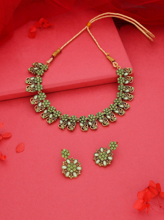Tehzeeb Creations Luxurious Gold Polished Sea Green Colour Choker Necklace Set With Matching Earrings - Swadesiicart
