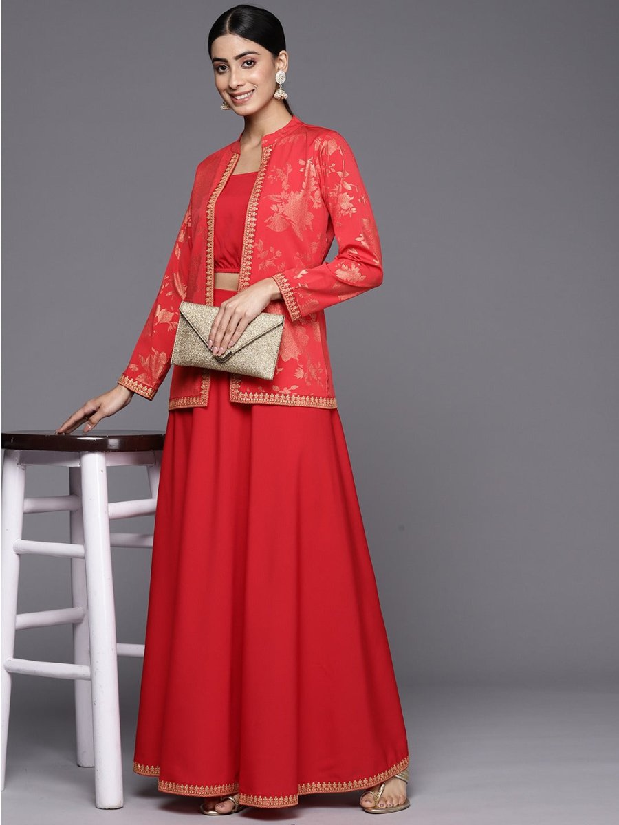 Ahalyaa Crepe Top With Skirt & Jacket | Swadesiicart