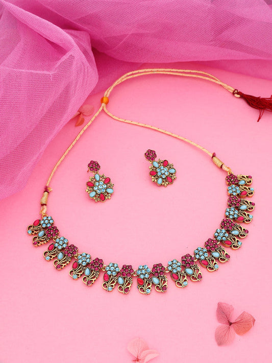 Tehzeeb Creations Luxurious Gold Polished Sky Blue Color Choker Necklace Set With Matching Earrings - Swadesiicart