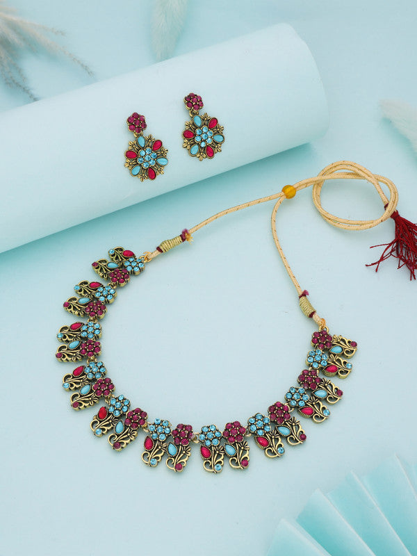Tehzeeb Creations Luxurious Gold Polished Sky Blue Color Choker Necklace Set With Matching Earrings - Swadesiicart