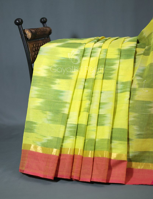 Dual Shades of Lime Green Mangalagiri Ikkat Cotton Saree By Gayathri Reddy Designer Studio | Swadesiicart