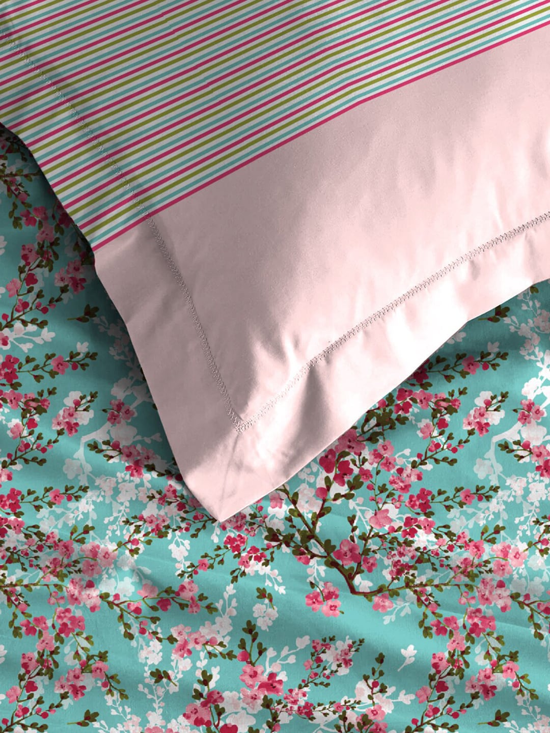 MYTRIDENT Turquoise Blue Pink Floral Pure Cotton 144 TC Queen Bedsheet 2 Pillow Covers - Swadesiicart