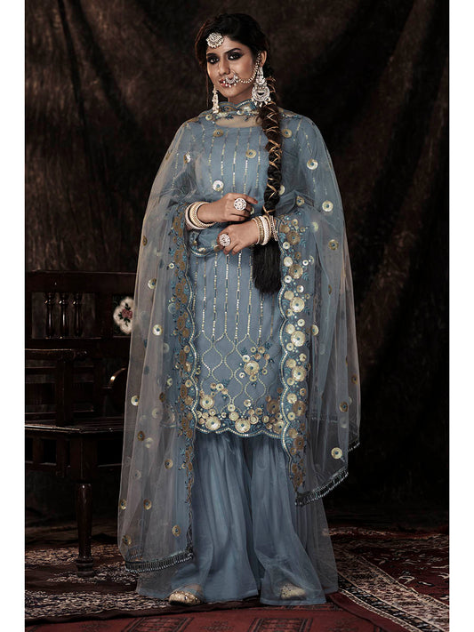 Myra Grey Net Embroidered Sharara Suit | Swadesiicart