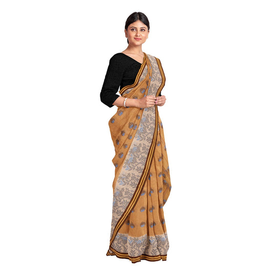 Exclusive Collection 100% Pure Cotton Biege Tant Saree With Hand Weaving Work - Swadesiicart