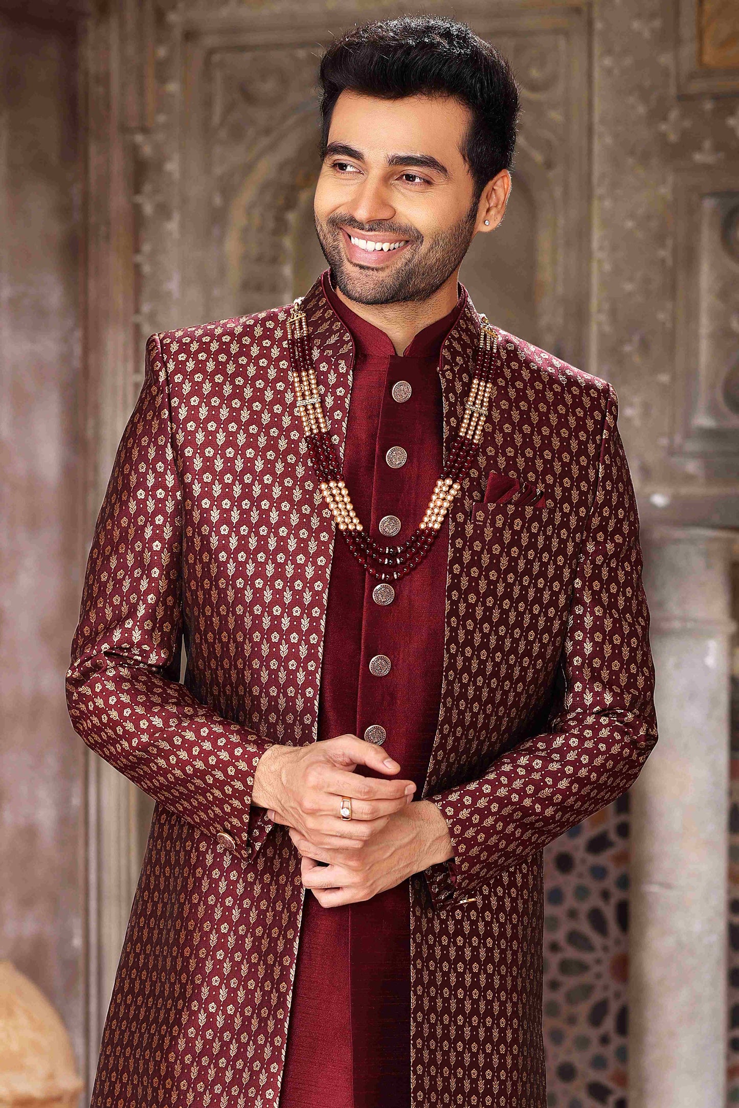 Raivat Ethnic Banarasi Jacquard and Art Silk Embroidery Work 3 Pcs Indo Jacket Set In Wine Colour | Swadesiicart