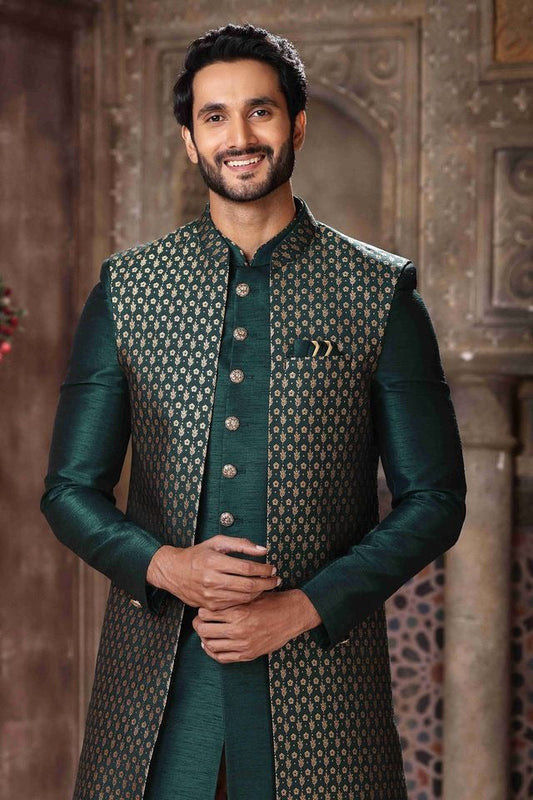 Raivat Ethnic Banarasi Jacquard and Art Silk Embroidery Work 3 Pcs Indo Jacket Set In Green Colour | Swadesiicart