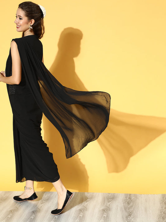 Juniper Women Black Georgette Embellished Saree Style Dress | Swadesiicart