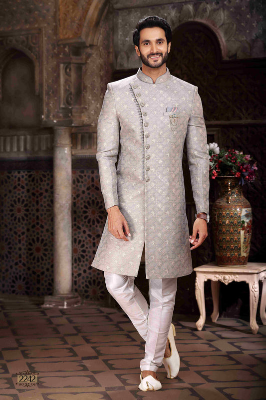 Raivat Ethnic Banarasi Jacquard Woven Work Indo Western Sherwani In Grey Colour | Swadesiicart