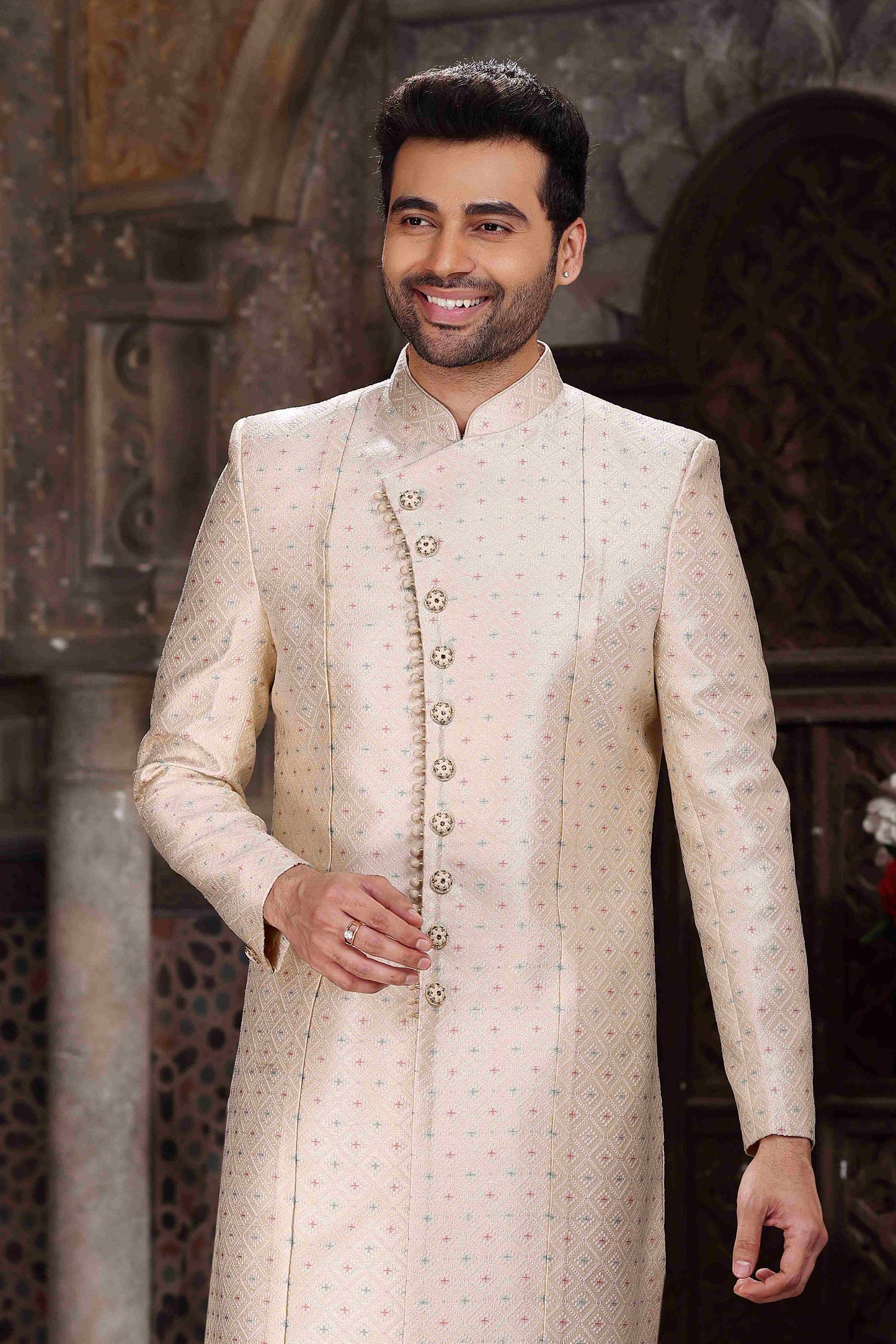 Raivat Ethnic Banarasi Jacquard Woven Work Indo Western Sherwani In Cream Colour | Swadesiicart