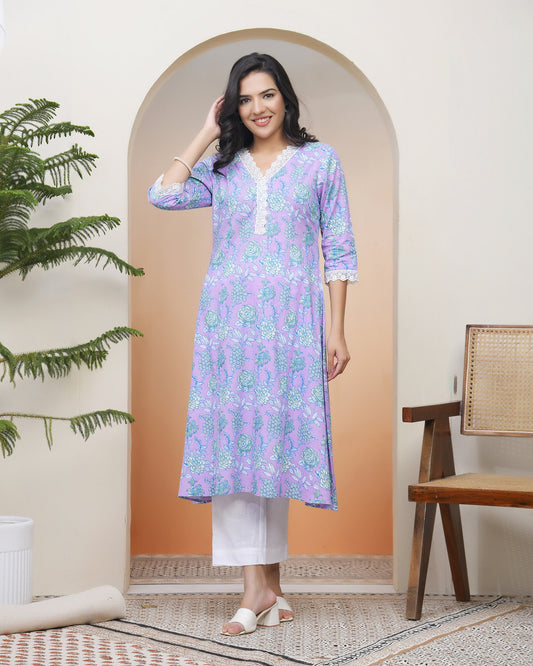 Vaasva Women Lavender Floral Cotton Printed Flare Kurti - Swadesiicart