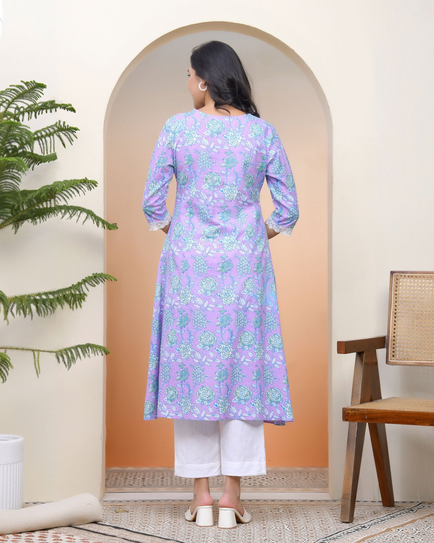 Vaasva Women Lavender Floral Cotton Printed Flare Kurti - Swadesiicart