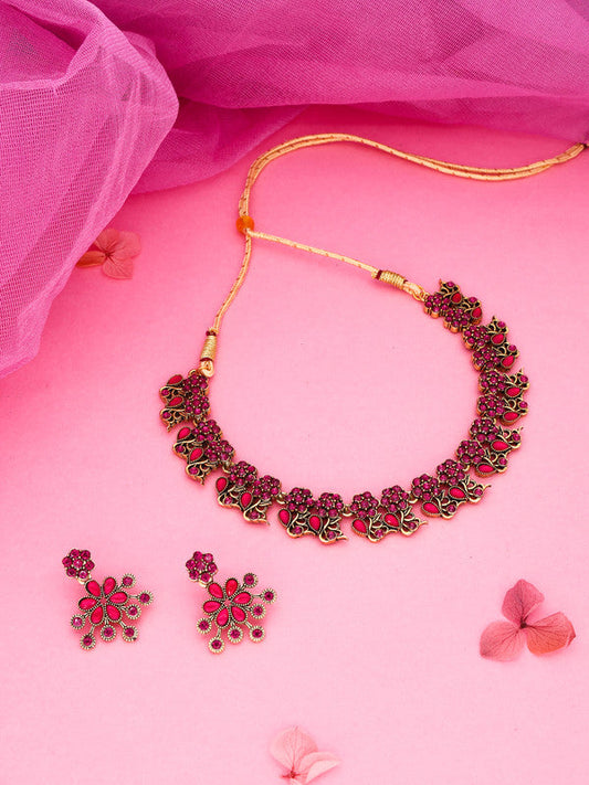 Tehzeeb Creations Luxurious Gold Polished Pink Colour Diamond Choker Necklace Set With Matching Earrings - Swadesiicart