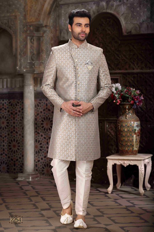 Raivat Ethnic Banarasi Jacquard Woven Work Indo Western Sherwani In Light Grey Colour | Swadesiicart