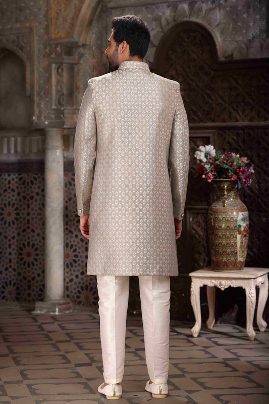 Raivat Ethnic Banarasi Jacquard Woven Work Indo Western Sherwani In Light Grey Colour | Swadesiicart