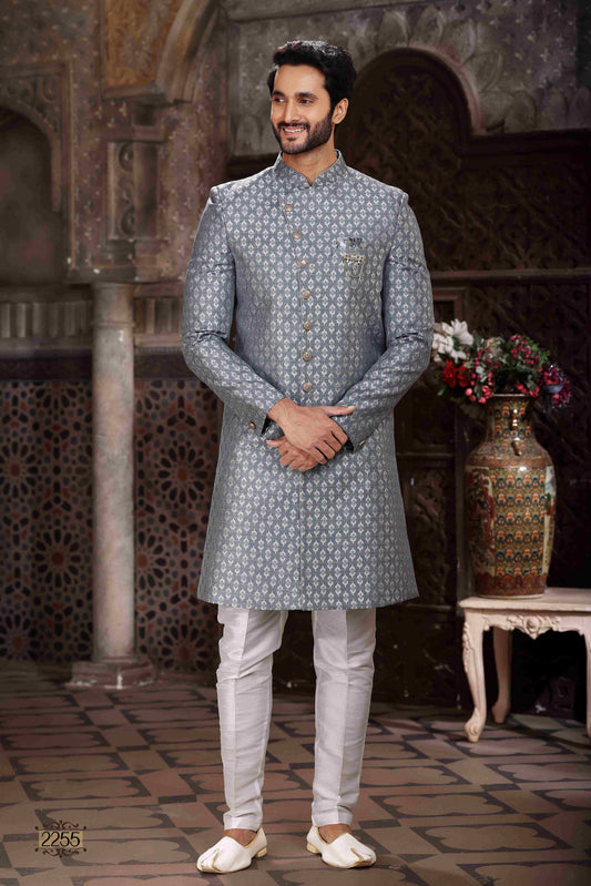 Raivat Ethnic Banarasi Jacquard Woven Work Indo Western Sherwani In Grey Colour | Swadesiicart