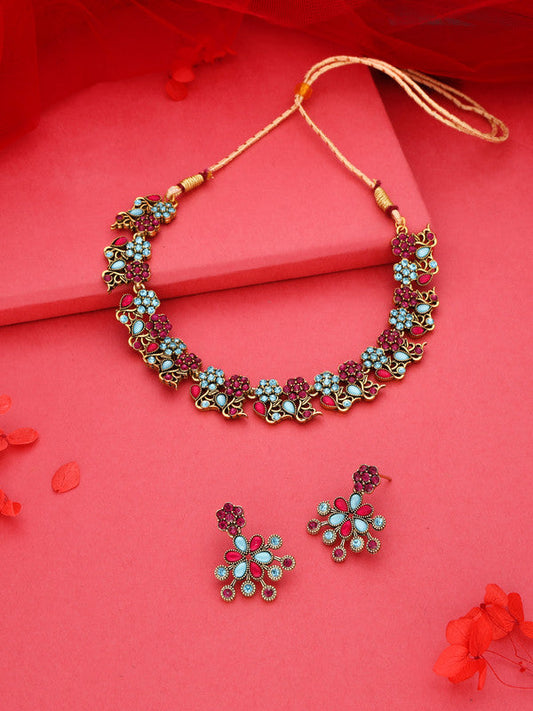 Tehzeeb Creations Luxurious Gold Polished Pink & Sky Blue Colour Diamond Choker Necklace Set With Matching Earrings - Swadesiicart