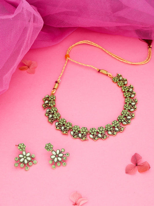 Tehzeeb Creations Luxurious Gold Polished Sea Green Colour Diamond Choker Necklace Set With Matching Earrings - Swadesiicart