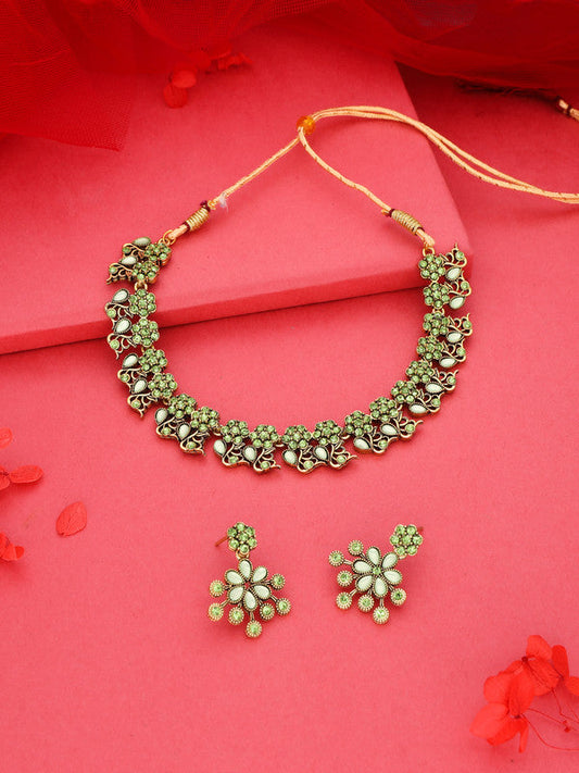 Tehzeeb Creations Luxurious Gold Polished Sea Green Colour Diamond Choker Necklace Set With Matching Earrings - Swadesiicart