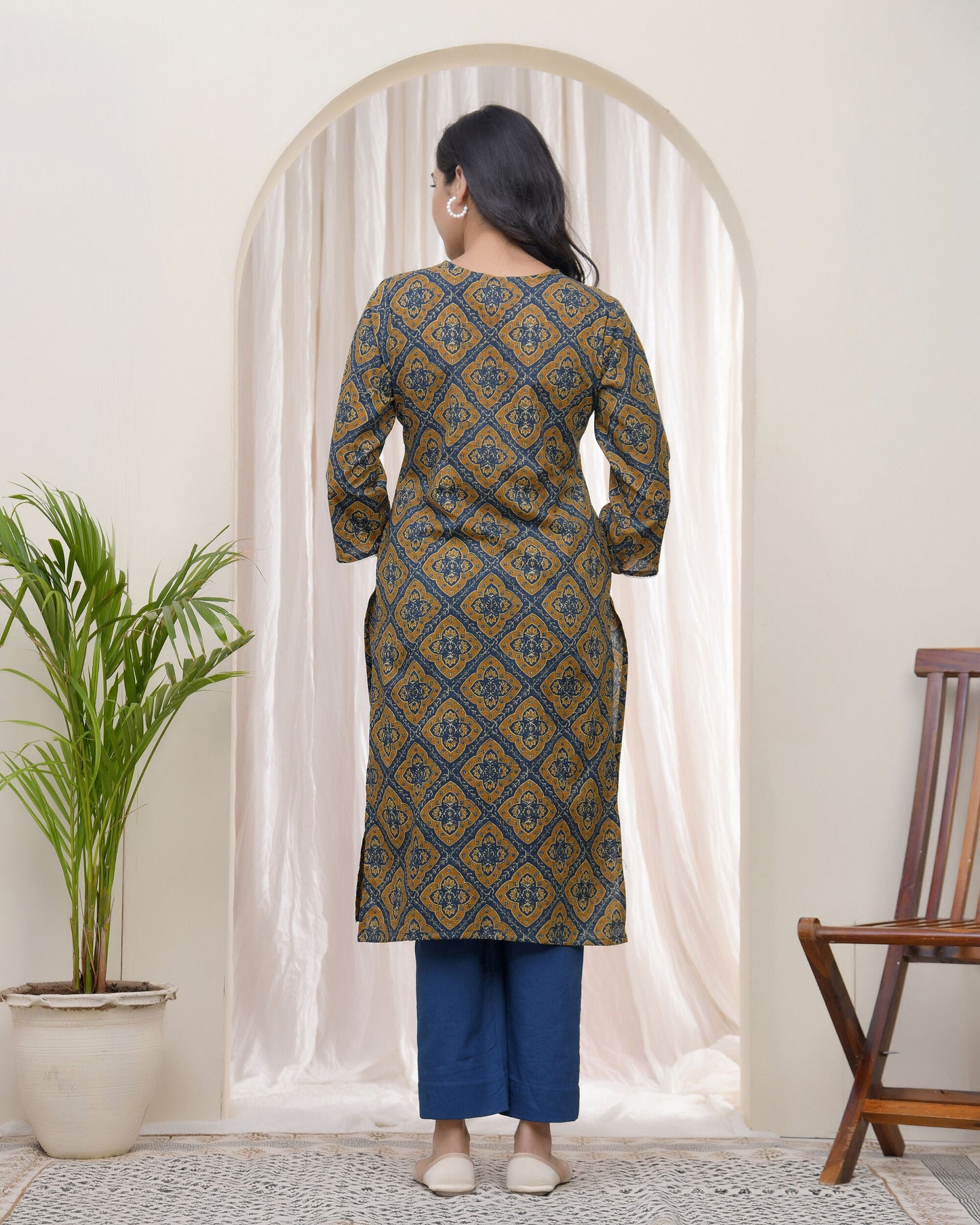 Vaasva Blue Ajrakh Cotton Printed Gathered Kurti - Swadesiicart