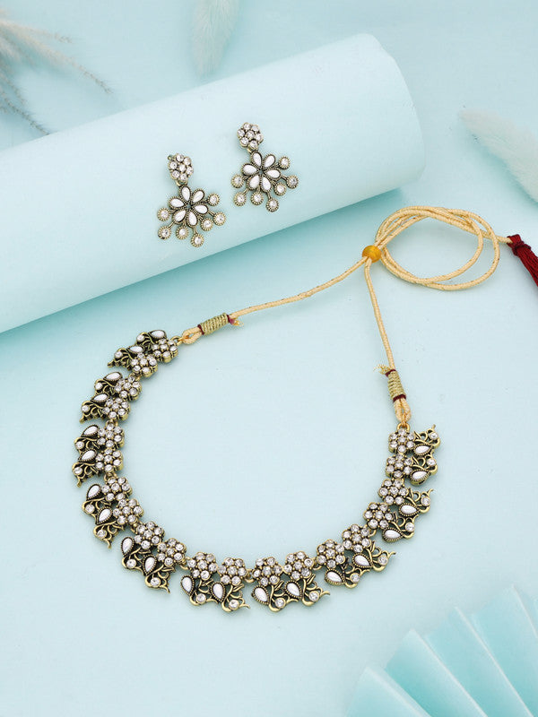 Tehzeeb Creations Luxurious Gold Polished White Colour Diamond Choker Necklace Set With Matching Earrings - Swadesiicart