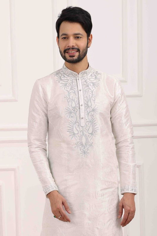 Raivat Ethnic Art Banarasi Silk Thread Work Kurta Pajama In Off White Colour | Swadesiicart