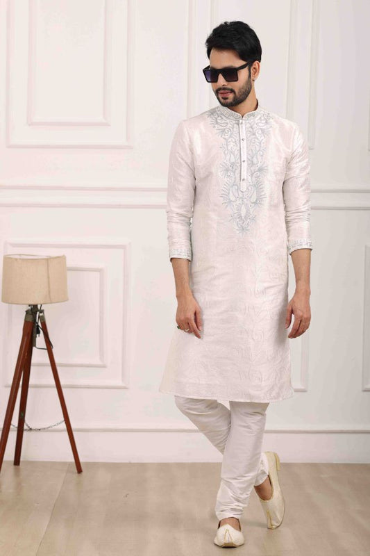 Raivat Ethnic Art Banarasi Silk Thread Work Kurta Pajama In Off White Colour | Swadesiicart