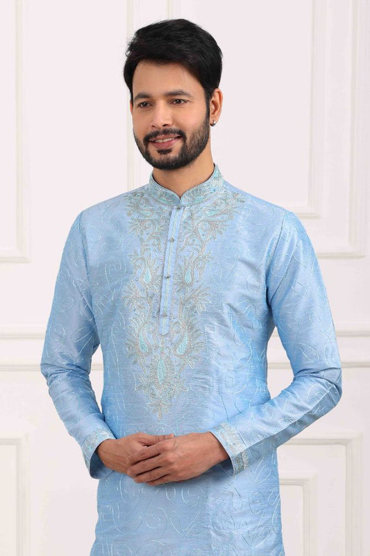 Raivat Ethnic Art Banarasi Silk Thread Work Kurta Pajama In Sky Blue Colour | Swadesiicart