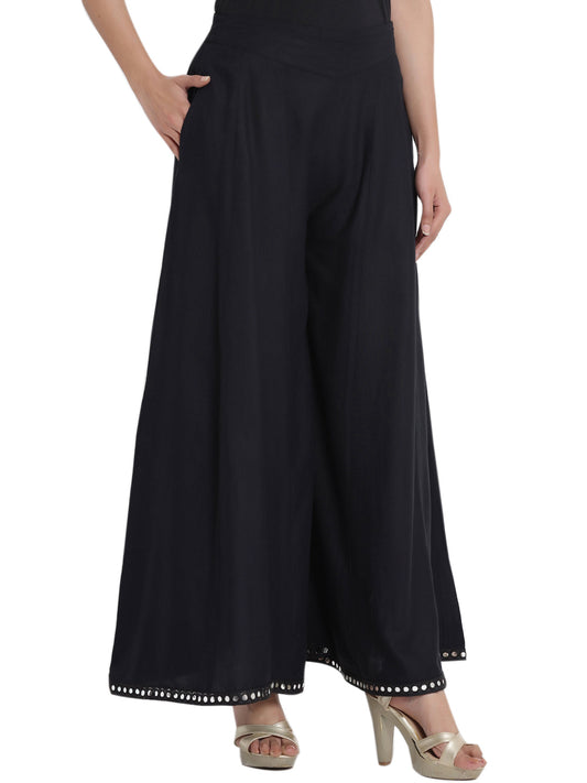 Juniper Women Black Rayon Solid Flared Palazzo | Swadesiicart