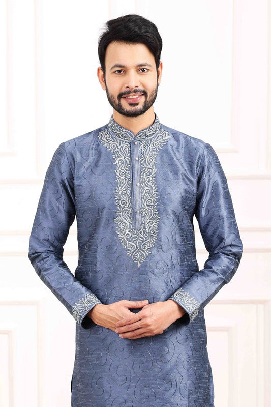Raivat Ethnic Art Banarasi Silk Thread Work Kurta Pajama In Blue Colour | Swadesiicart