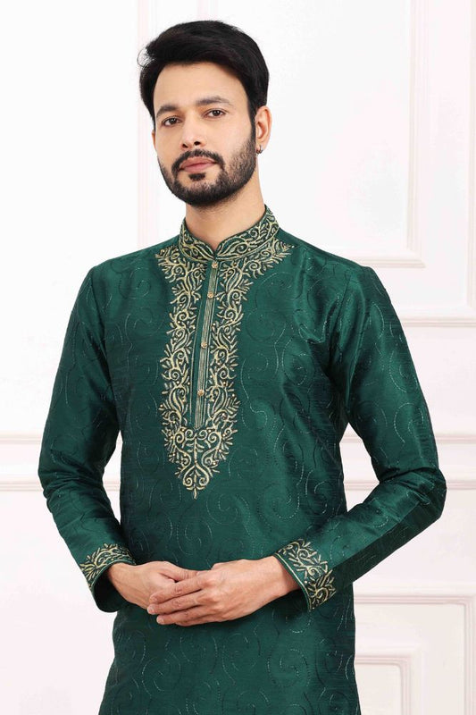Raivat Ethnic Art Banarasi Silk Thread Work Kurta Pajama In Green Colour | Swadesiicart