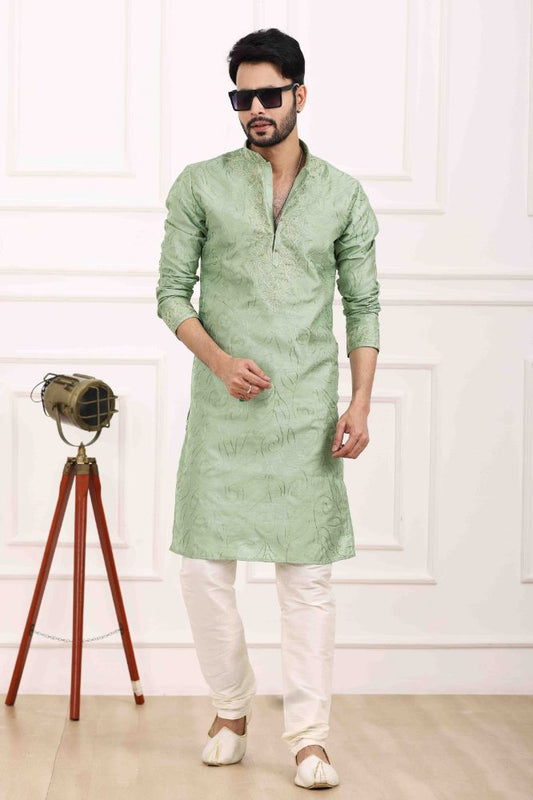Raivat Ethnic Art Banarasi Silk Thread Work Kurta Pajama In Pista Green Colour | Swadesiicart