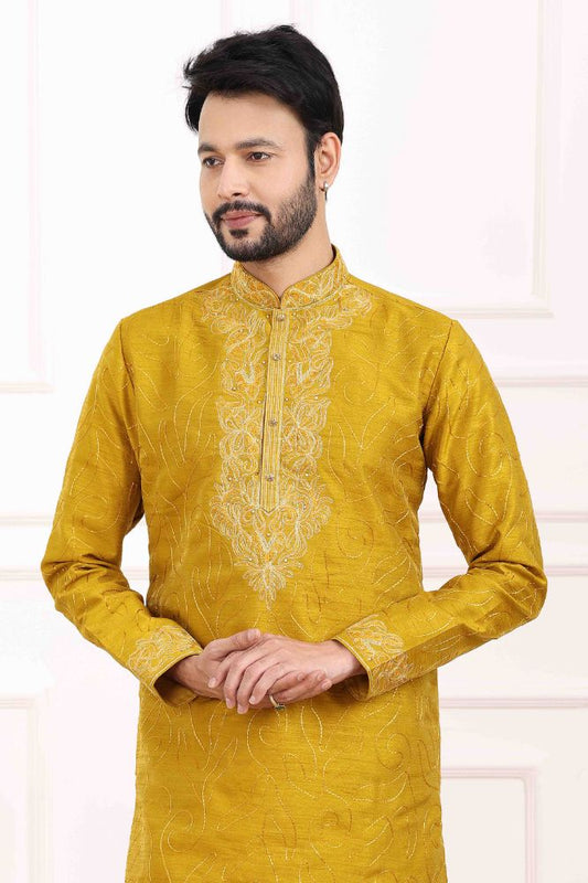Raivat Ethnic Art Banarasi Silk Thread Work Kurta Pajama In Mustard Colour | Swadesiicart