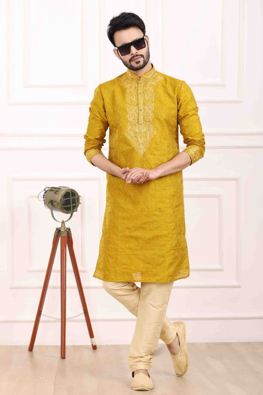 Raivat Ethnic Art Banarasi Silk Thread Work Kurta Pajama In Mustard Colour | Swadesiicart