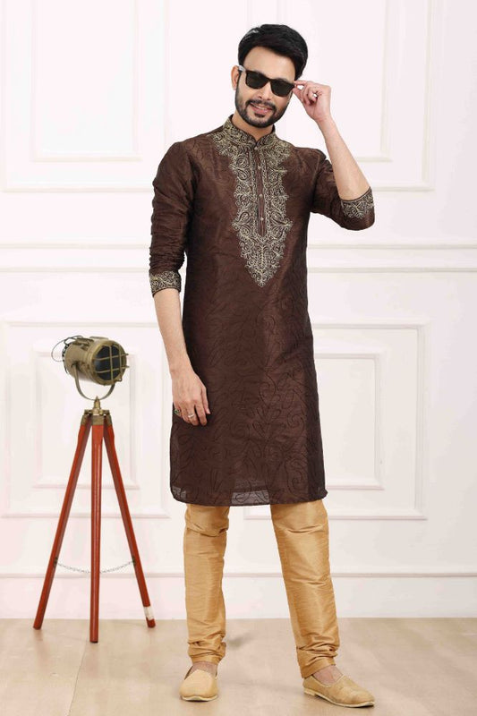 Raivat Ethnic Art Banarasi Silk Thread Work Kurta Pajama In Brown Colour | Swadesiicart
