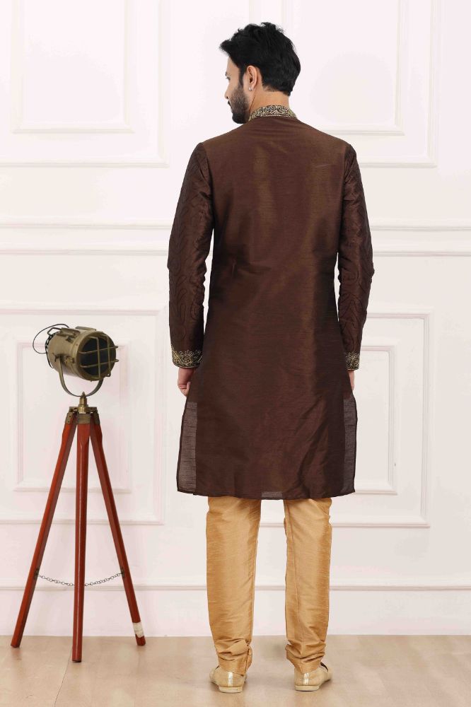 Raivat Ethnic Art Banarasi Silk Thread Work Kurta Pajama In Brown Colour | Swadesiicart