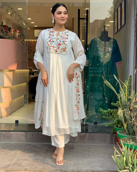 The52 White Women's Gorgeous Embroidered Viscose Chiffon Fabric Pleated Kurta Pant with Dupatta Set - Swadesiicart