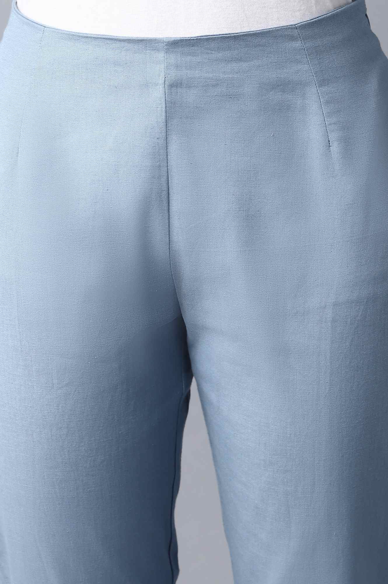 W for Woman Blue Cotton Flax Solid Slim Pants