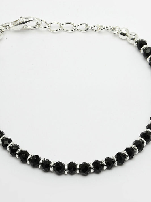 NVR Women Silver Plated Black Beaded Adjustable Rakhi With Roli Chawal